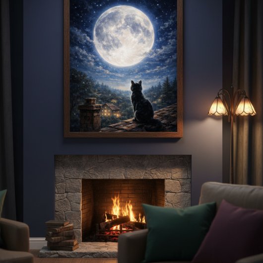 Mystieke Poster Kunst van Zwarte Kat Volle Maan Na