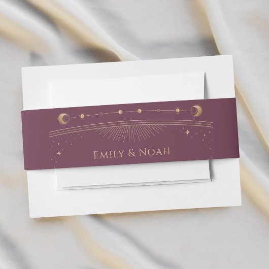 Mystieke Pruim Goud Zon Maan Sterren Bruiloft Uitnodigingen Wikkel