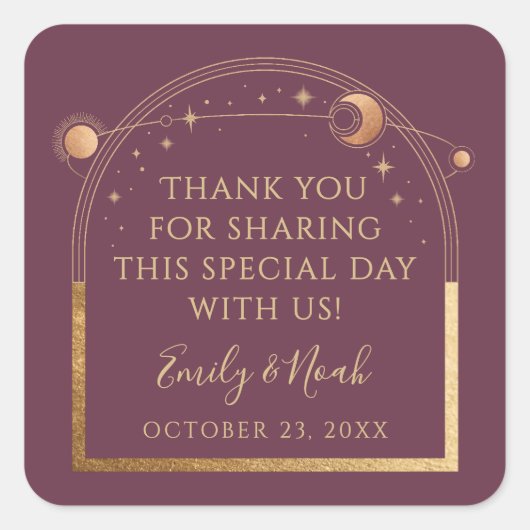 Mystieke Pruim Goud Zon Maan Sterren Bruiloft Vierkante Sticker (Voorkant)