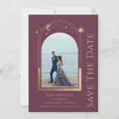 Mystieke Pruim Goud Zon Maan Sterren Ruimte Save The Date (Voorkant)