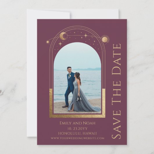 Mystieke Pruim Goud Zon Maan Sterren Ruimte Save The Date (Voorkant)