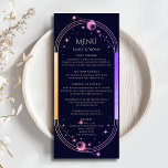Mystieke Rainbow Blauwe Zon Maan Sterren Bruiloft Menu<br><div class="desc">Mystical Rainbow Dark Navy Blue Sun Moon Stars Astronomy Celestial Galaxy Cosmic Wedding Cards heeft een regenboogkleurige zon, maan en sterren lijst op een donkerblauwe achtergrond met uw menugegevens in het midden in modern kalligrafieschrift. Personaliseer door de tekst in de tekstvakken te bewerken. Ontworpen voor u door ©2024 Evco Studio...</div>