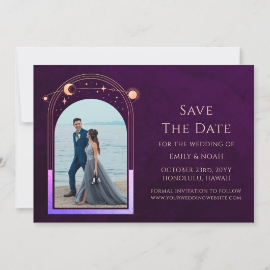 Mystieke Rainbow Deep Plum Zon Maan Star Space Save The Date (Voorkant)
