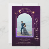 Mystieke Rainbow Deep Plum Zon Maan Star Space Save The Date (Voorkant)