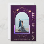 Mystieke Rainbow Deep Plum Zon Maan Star Space Save The Date (Voorkant)