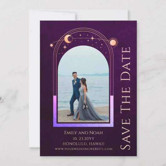 Mystieke Rainbow Deep Plum Zon Maan Star Space Save The Date (Voorkant)