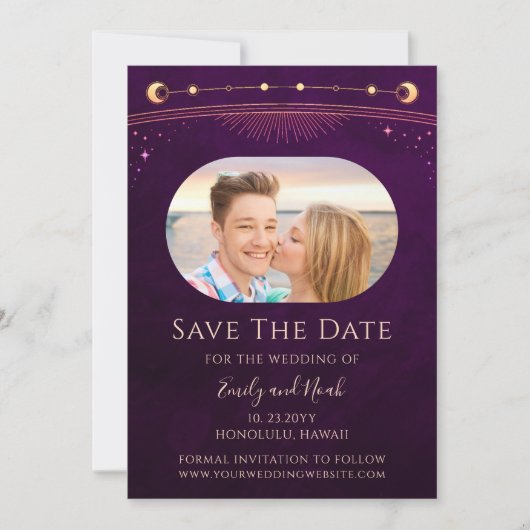 Mystieke Rainbow Deep Plum Zon Maan Star Space Save The Date (Voorkant)