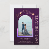 Mystieke Rainbow Deep Plum Zon Maan Star Space Save The Date (Voorkant)