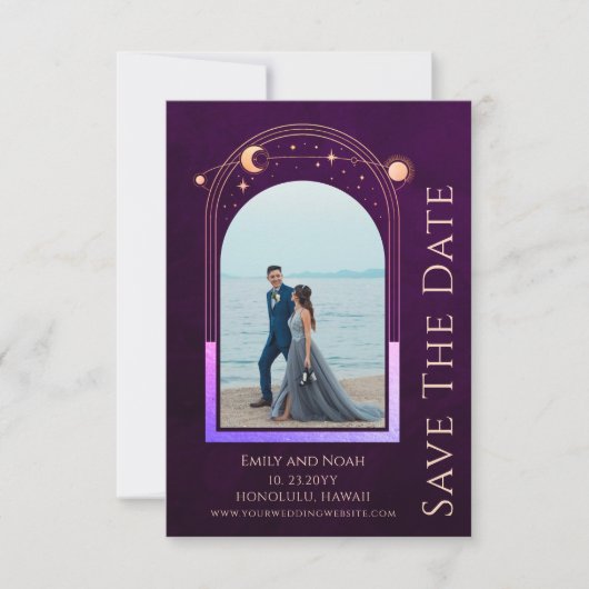 Mystieke Rainbow Deep Plum Zon Maan Star Space Save The Date (Voorkant)