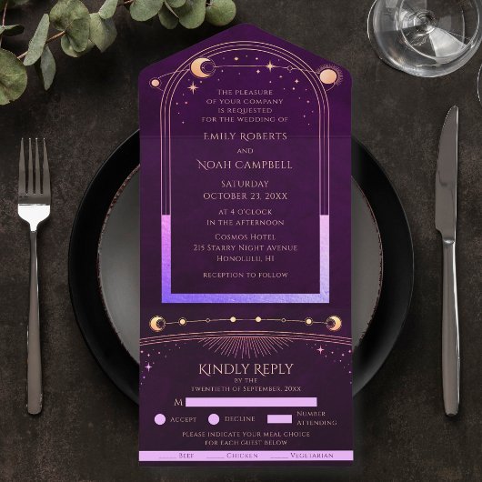 Mystieke Rainbow Deep Plum Zon Maan Sterren Ruimte All In One Uitnodiging