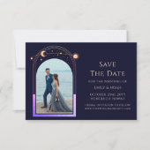 Mystieke Rainbow Navy Blue Sun Moon Star Space Save The Date (Voorkant)