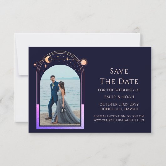 Mystieke Rainbow Navy Blue Sun Moon Star Space Save The Date (Voorkant)