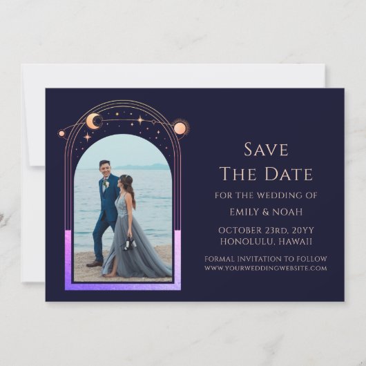 Mystieke Rainbow Navy Blue Sun Moon Star Space Save The Date (Voorkant)