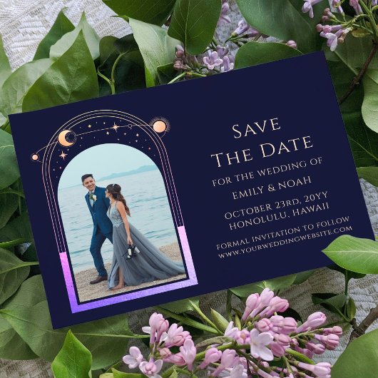 Mystieke Rainbow Navy Blue Sun Moon Star Space Save The Date