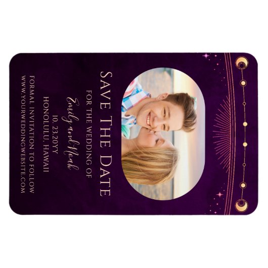 Mystieke Rainbow Plum Sun Moon Star Save The Date Magneet (Horizontaal)