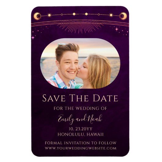 Mystieke Rainbow Plum Sun Moon Star Save The Date Magneet (Verticaal)