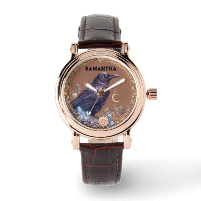 Mystieke Raven Uniseks Aangepaste Naam Horloge (Voorkant)