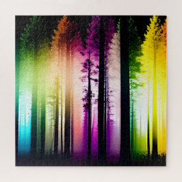 Mystieke regenboog gekleurd silhouet bos legpuzzel