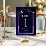 Mystieke Regenboog Marine Blauwe Zon Maan Sterren  Kaart<br><div class="desc">Mystical Rainbow Dark Navy Blue Sun Moon Stars Astronomy Cosmic Celestial Wedding Table Numbers heeft een regenboogkleurige zon, maan en sterren lijst op een donkerblauwe achtergrond. Binnen is uw aangepaste bruiloft uitnodiging informatie. Personaliseer door de tekst in de tekstvakken te bewerken. OPMERKING: Pas de tabelnummers een voor een aan en...</div>