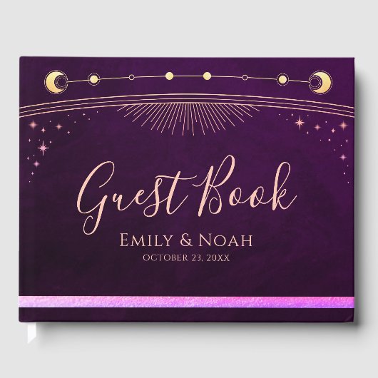 Mystieke regenboog pruim zon maan sterren bruiloft gastenboek (Voorkant)