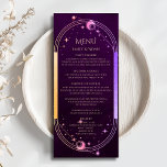 Mystieke regenboog pruim zon maan sterren bruiloft menu<br><div class="desc">Mystical Rainbow Deep Plum Sun Moon Stars Astronomy Celestial Galaxy Cosmic Wedding Cards heeft een regenboogkleurige zon,  maan en sterren lijst op een diepe pruimenachtergrond met uw menugegevens in het midden in modern perzikkalligrafieschrift. Personaliseer door de tekst in de tekstvakken te bewerken. Ontworpen voor u door Evco Studio www.zazzle.com/store/evcostudio</div>