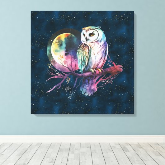 Mystieke Regenboog Uil en Volle Maan Celestial Canvas Afdruk (Insitu (Houten vloer))