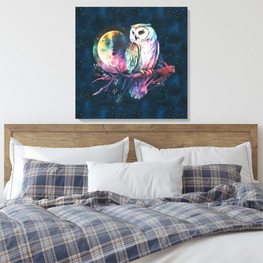 Mystieke Regenboog Uil en Volle Maan Celestial Canvas Afdruk (Insitu (Slaapkamer))