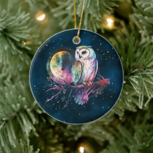 Mystieke Regenboog Uil en Volle Maan Celestial Keramisch Ornament