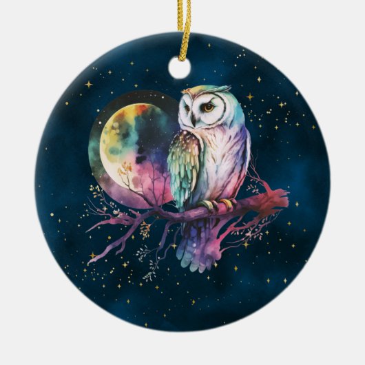 Mystieke Regenboog Uil en Volle Maan Celestial Keramisch Ornament (Voorkant)