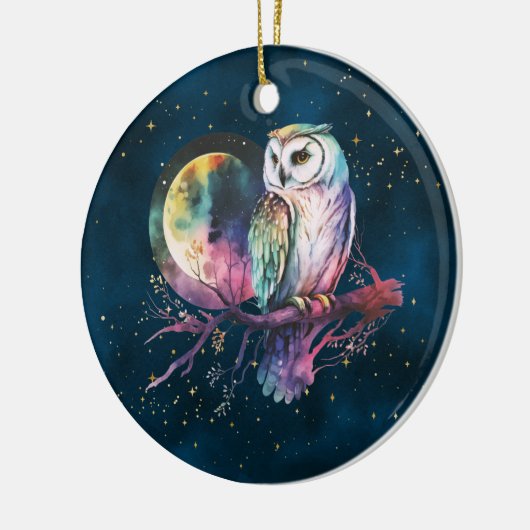 Mystieke Regenboog Uil en Volle Maan Celestial Keramisch Ornament (Links)