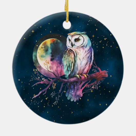 Mystieke Regenboog Uil en Volle Maan Celestial Keramisch Ornament (Achterkant)