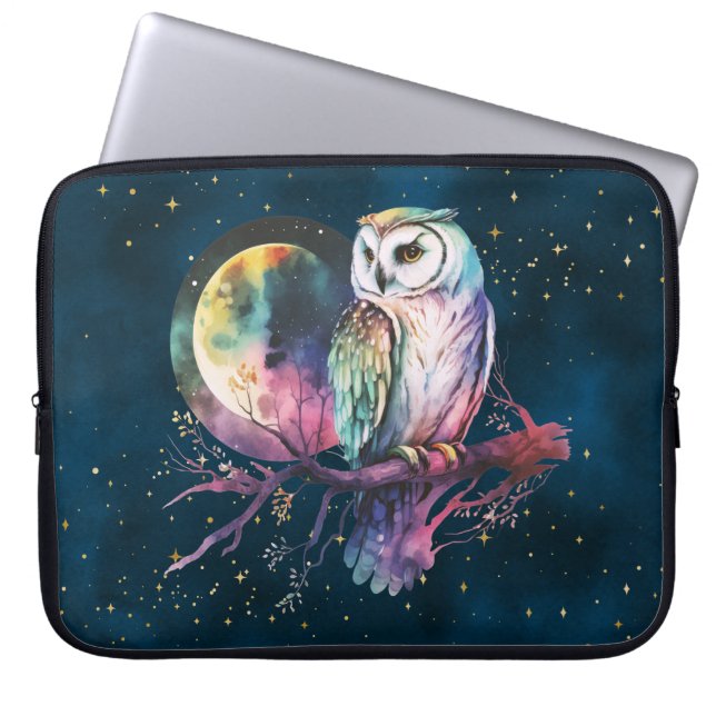 Mystieke Regenboog Uil en Volle Maan Celestial Laptop Sleeve (Voorkant)