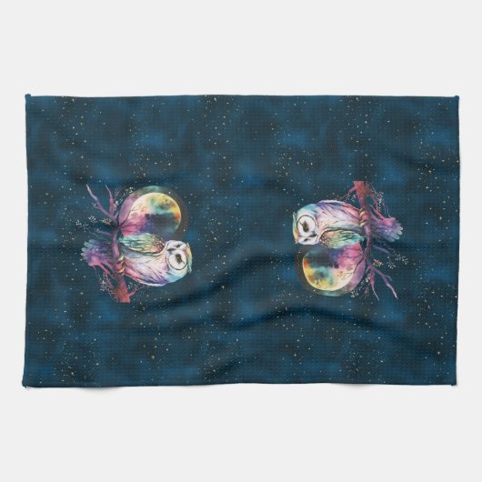 Mystieke Regenboog Uil en Volle Maan Celestial Theedoek (Horizontaal)