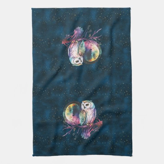 Mystieke Regenboog Uil en Volle Maan Celestial Theedoek (Verticaal)