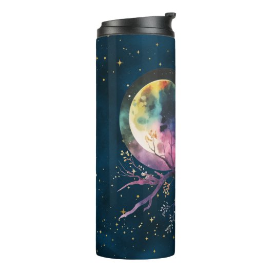 Mystieke Regenboog Uil en Volle Maan Celestial Thermosbeker (Gedraaid links)