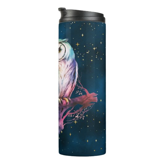 Mystieke Regenboog Uil en Volle Maan Celestial Thermosbeker (Geroteerd rechts)