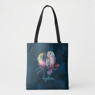 Mystieke RegenboogUil en Volle Maan Hemels Tote Bag