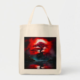 Mystieke rode boom onder volle maan tote bag