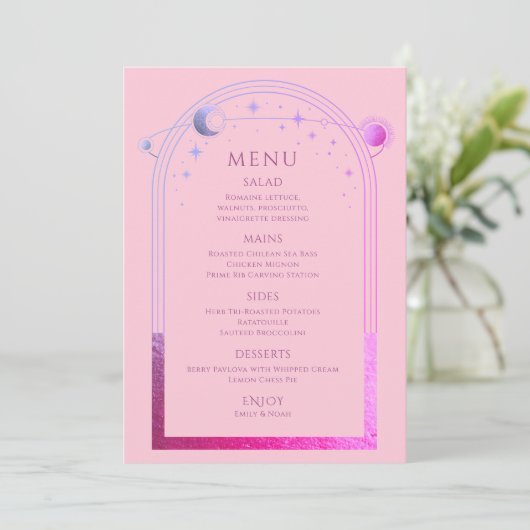 Mystieke Roze Paarse Zon Maan Sterren Huwelijk Menu (Staand voorkant)