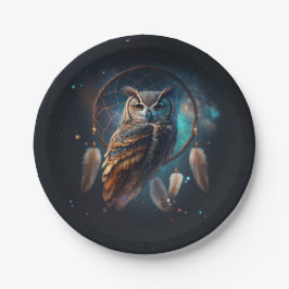 Mystieke ruimte-uil met dromenvangerkunst       papieren bordje