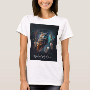 Mystieke ruimte-uil met dromenvangerkunst t-shirt
