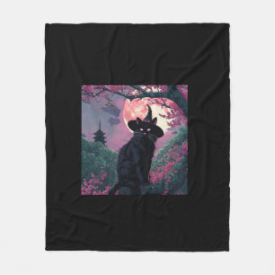 Mystieke Sakura Black Cat Witch Pet voor Halloween Fleece Deken