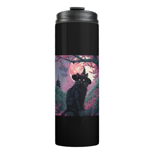 Mystieke Sakura Black Cat Witch Pet voor Halloween Thermosbeker (Voorkant)