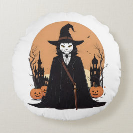 Mystieke Salem Zwarte Kat met Pompoenen Rond Kussen