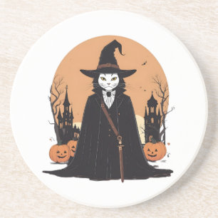 Mystieke Salem Zwarte Kat met Pompoenen Zandsteen Onderzetter