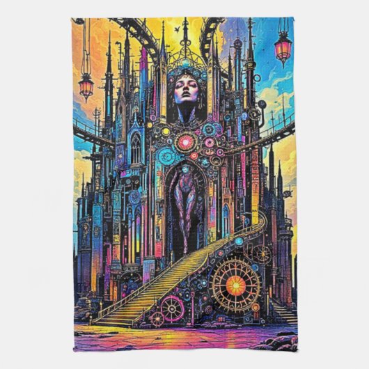 Mystieke Steampunk kathedraal Theedoek (Verticaal)