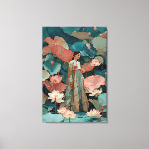 Mystieke Teal Hanbok en Reusachtig Lotus Canvas Ku Afdruk