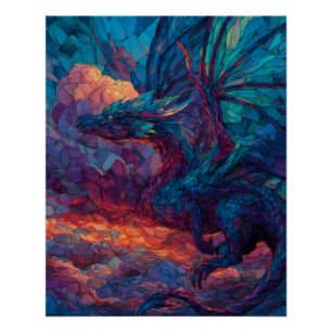 Mystieke Teal Rode Lucht Draak Kunst Perfect Poster