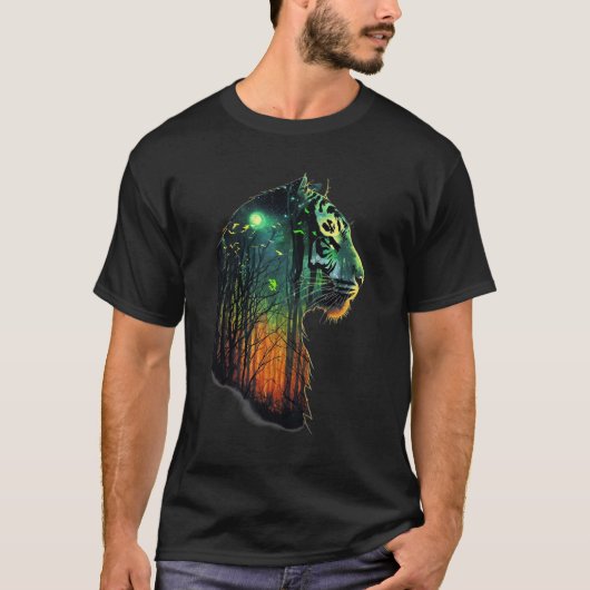 Mystieke Tiger Head Silhouet met Forest Element T-shirt (Voorkant)