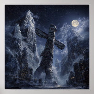 Mystieke Totem Onder Maanverlichte Hemel Poster